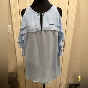 BOLD elements Cold Shoulder Light Blue Ruffle Blouse